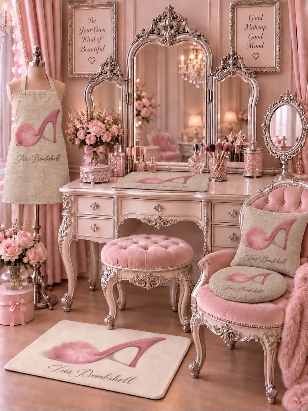 5-Piece Vanity Decor Set Apron,Rug,Table Mat & Pillow Covers Choose Your Design